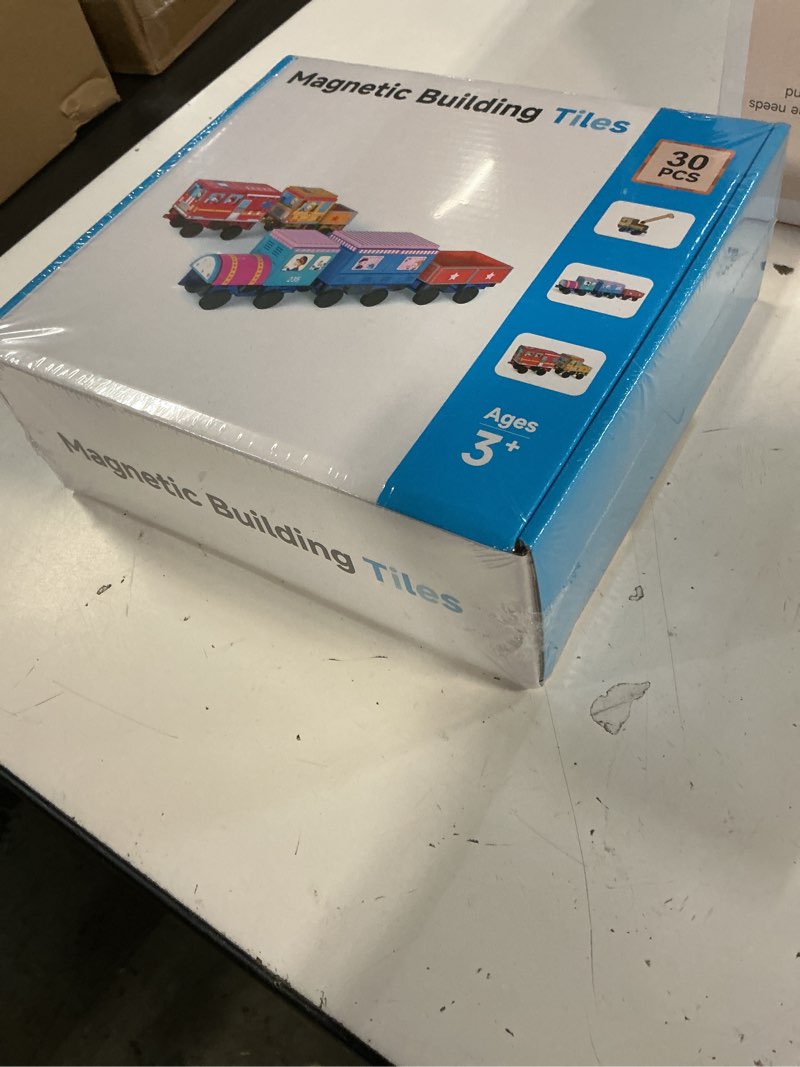 Condition photo showing New/Like New for magnetic tiles cars construction set for kids, 30pcs magnetic building tiles with 3 car bases & crane, train and truck magnet blocks stem toys for boys girls ages 3-8