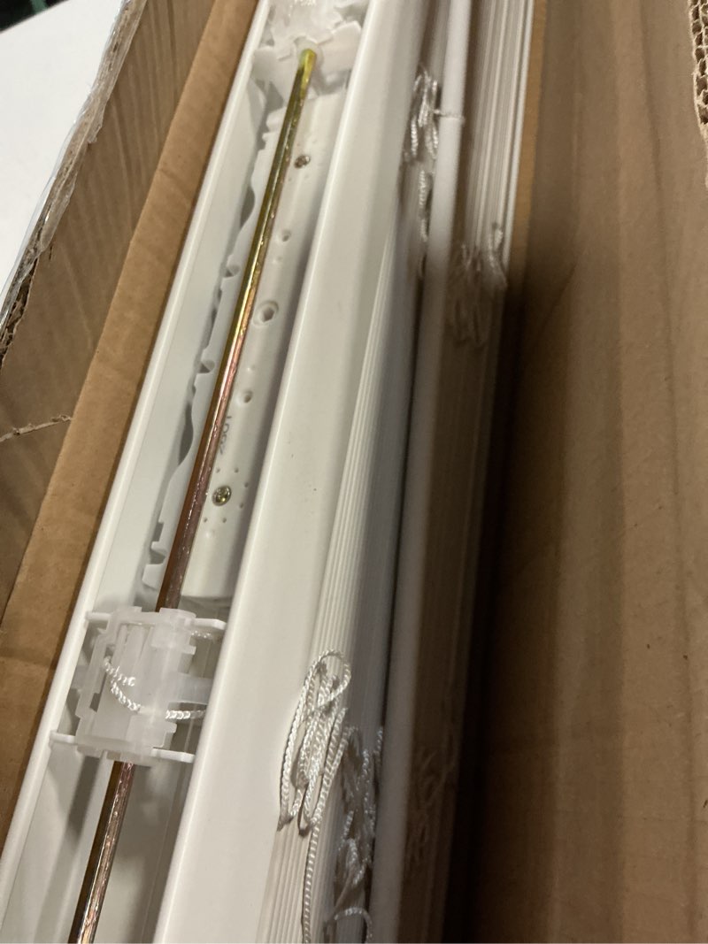 Condition photo showing Good Condition for myshade 2" cordless faux wood blinds, 33" w x 48" h, slat horizontal blinds with crown valance, room darkening, moisture resistant, window blinds for home interior, white white 33x48