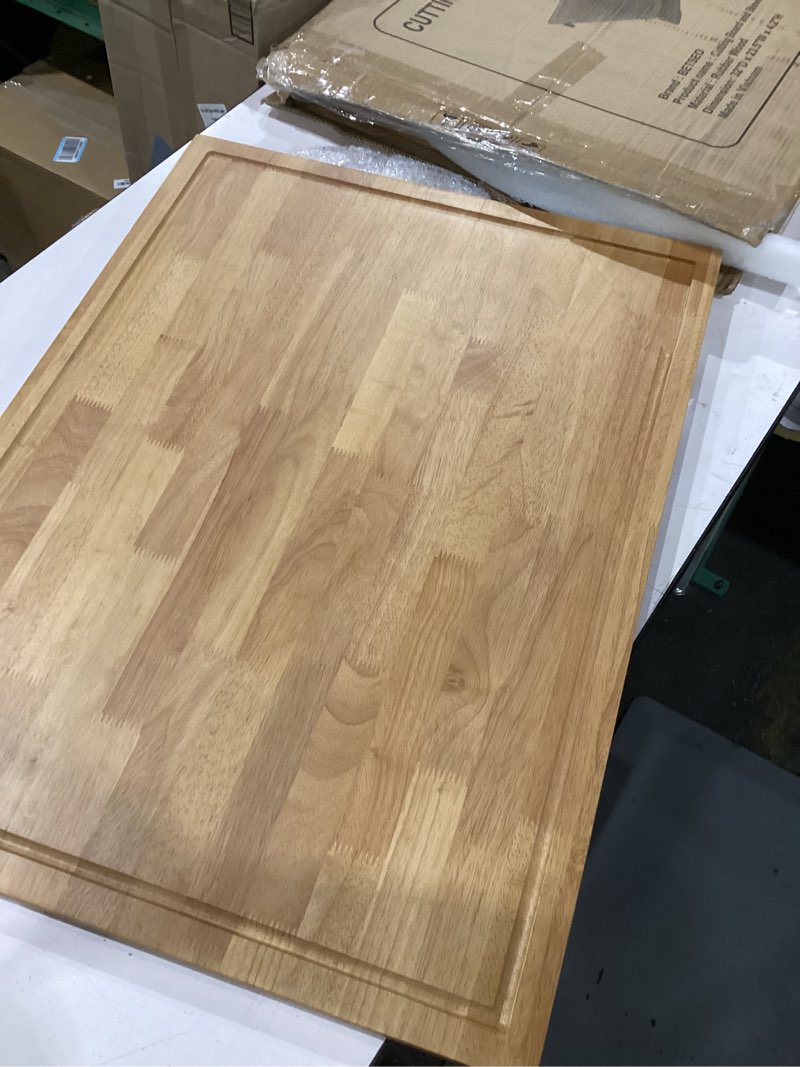 Condition photo showing As Is for 32x23.5in extra large solid wood cutting board and stovetop cover – 2-in-1 over the sink cutting board & gas stove cover with detachable legs and juice groove – ideal for kitchen (model 1)