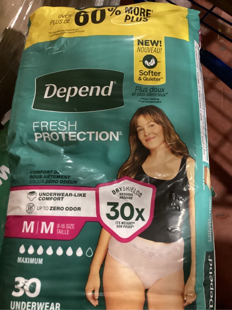 Condition photo showing As Is for depend fresh protection adult diapers, incontinence underwear for women, disposable, maximum, medium, blush, 30 count, packaging may vary medium 30