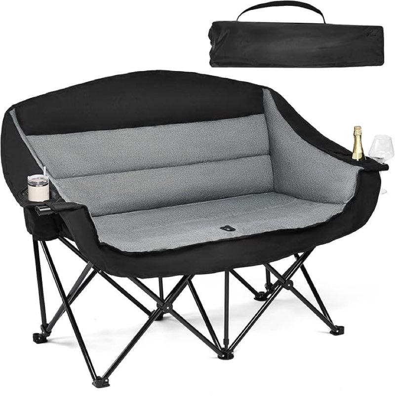 Double Camping Chair Loveseat - 2 Person Oversized Camping Couch for Adults Padded Heavy Duty Outdoor Lawn Beach Portable Folding Chairs with Cup Holders and Carry Bag Support 600lbs, Black/Grey