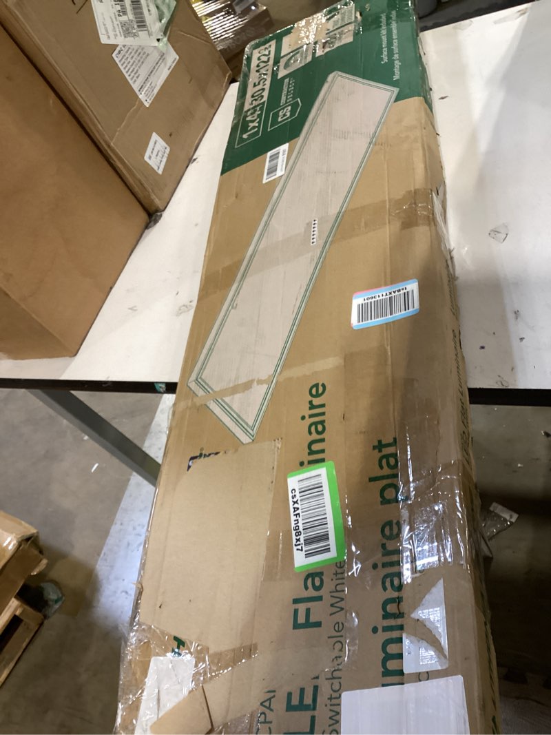 Condition photo showing As Is for lithonia lighting cpanl 1x4 led flat panel light, 1 ft. x 4 ft. led light panel, ceiling lighting fixture, 4000 lumens, 3500k/4000k/5000k switchable cct, includes direct ceiling mount bracket, white 1-foot x 4-foot 4000 lumens switchable white