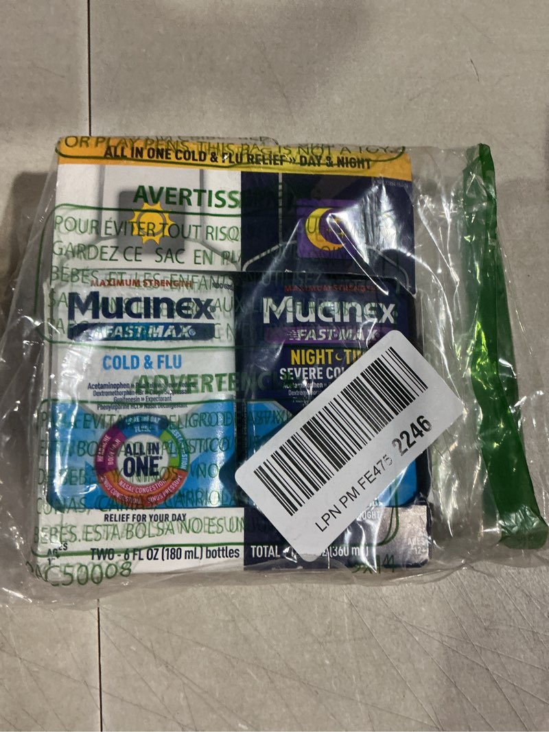 Condition photo showing Good Condition for mucinex fast-max cold and flu & nightshift medicine for adults, over-the-counter medication combo pack for sore throat relief, decongestant, cough & cold medicine (2 x 6 fl oz) combo cold & flu