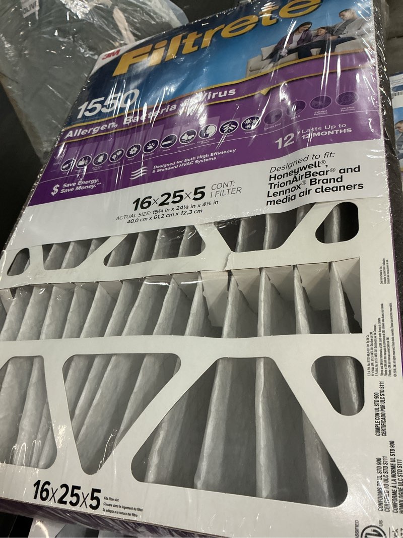 Condition photo showing New/Like New for filtrete 16x25x5 ac furnace air filter, mpr 1550, merv 12, fits honeywell & trion airbear, certified asthma & allergy friendly, electrostatic air filter, 1-pack (actual size 15.75 x 24.13 x 4.88) 15.8" x 24.1" x 4.9"