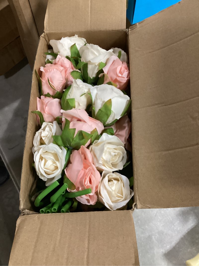 Condition photo showing Good Condition for tigeen 96 heads 8 bouquets artificial rose flowers bouquet flower roses with stems real touch fake roses wedding floral arrangements centerpiece for home table bridal party decor, champagne and pink
