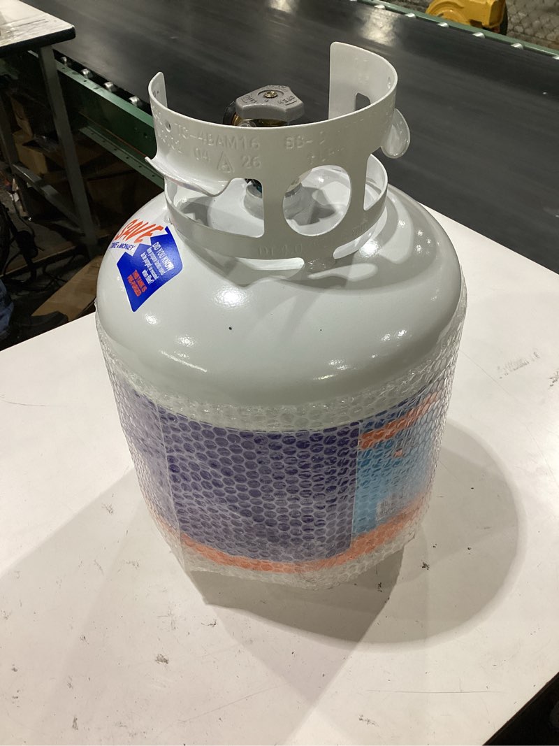 Condition photo showing New/Like New for flame king ysn230 20lb steel propane tank cylinder with overflow protection device valve and built-in gauge, great for grills and bbqs