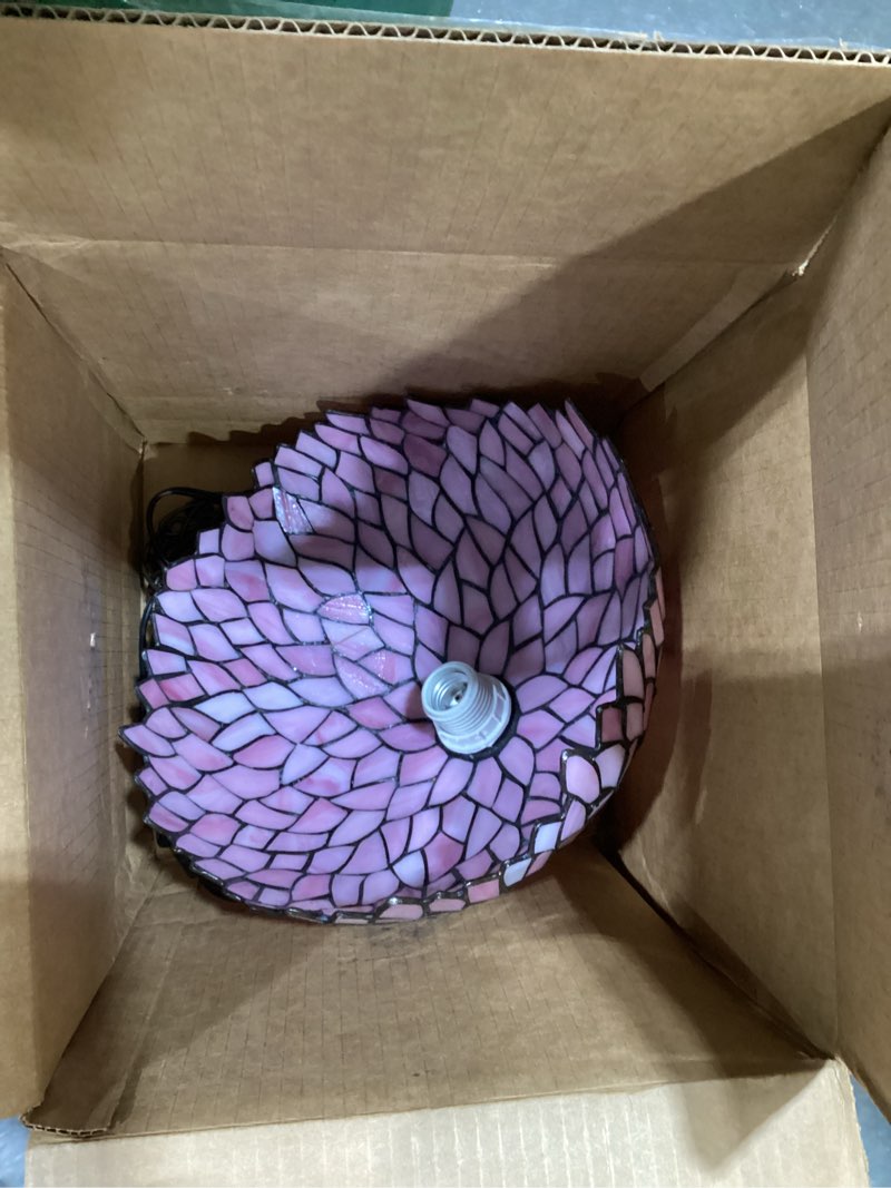 Condition photo showing As Is for tiffany pendant light plug in, 12 inches stained glass hanging lamp, 39 inch chain, 15 feet cord living room bedroom kitchen dining room office (pink wisteria)