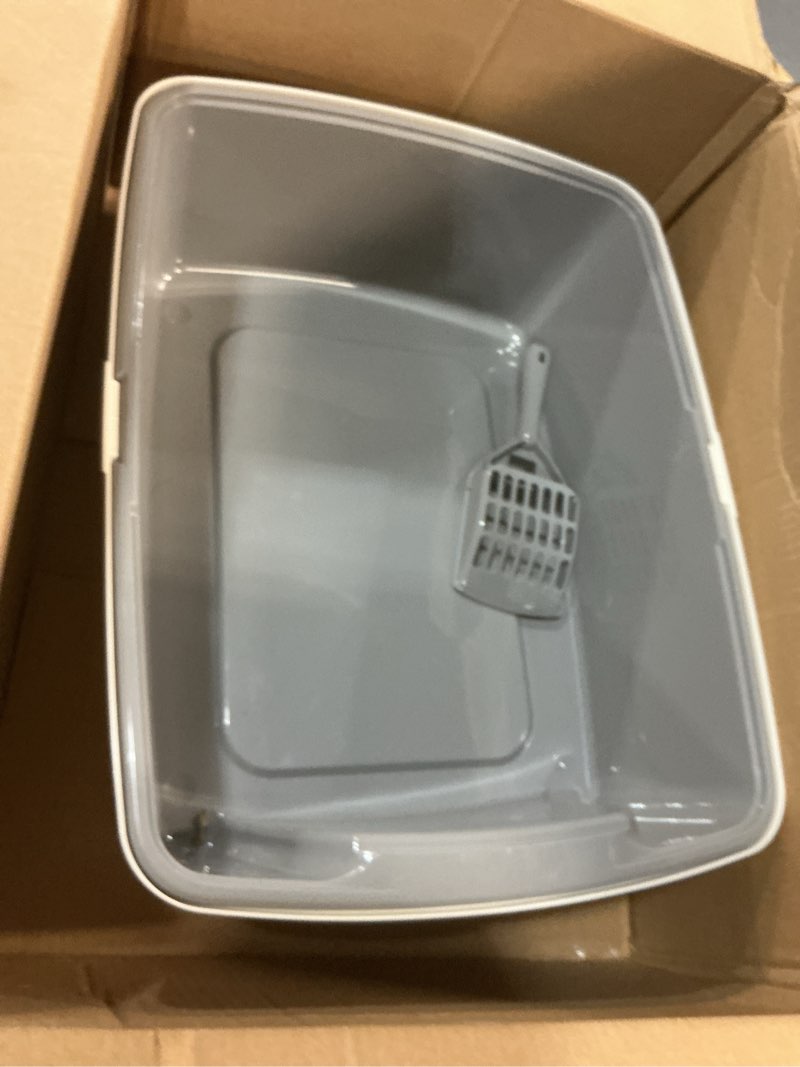 Condition photo showing Good Condition for amazon basics large cat litter box with high sides, open top, includes scoop, 19 x 15 x 11.75 inches, grey/beige