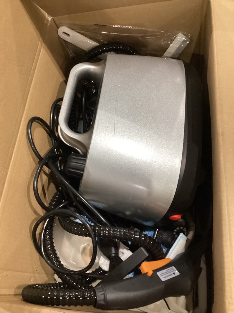 Condition photo showing As Is for steam cleaner, 293°f 58 psi powerful multipurpose handheld steam mop for home use, 21 attachments, 50oz capacity, heavy duty steamer for carpets, floors, cars, tiles, crack cleaning, platinum