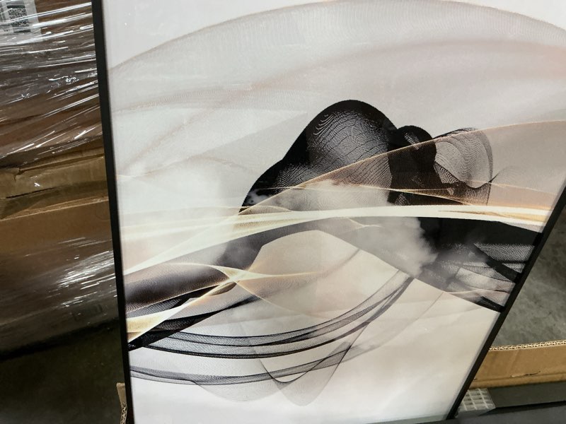 Condition photo showing New/Like New for large framed modern luxury abstract wall art for living room, 3 piece minimalist prints paintings artwork for walls, black white gold abstract line pictures for hallway dining bedroom office wall decor 24" h x 64" w (total size) golden waves