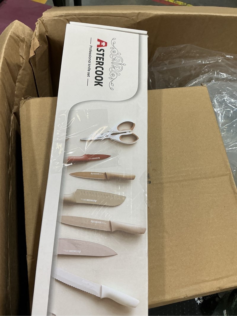 Condition photo showing New/Like New for astercook knife set, 13 pieces kitchen knives set with healthy anti-rust coating, dishwasher safe, stainless steel chef knife sets with 6 blade guards, perfect mothers day gifts for kitchen cream large