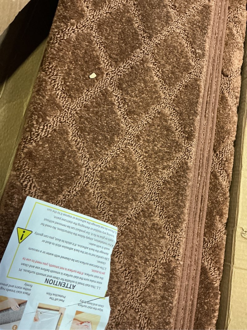 Condition photo showing Good Condition for bullnose stair treads non slip 9.5" x 30", 2 pcs carpet stair treads for wooden steps indoor with edge protection, reusable peel and stick tpu backing stair runner rugs - diamond pattern beige beige (diamond pattern) 9.5*30 inch 2