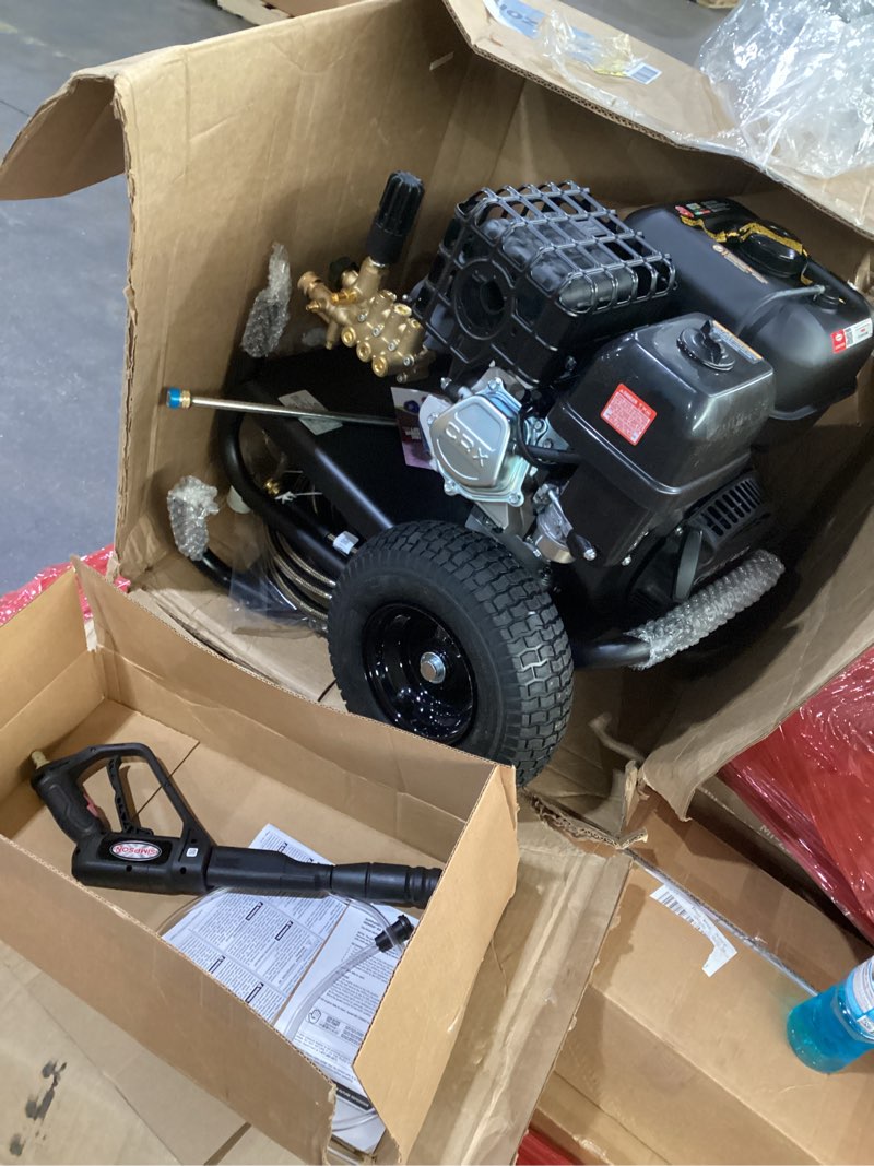 Condition photo showing As Is for simpson 4400 psi gas pressure washer, 4.0 gpm commercial power washer, cold water, 50' hose, powershot, 49-state compliant (ps60843) - black