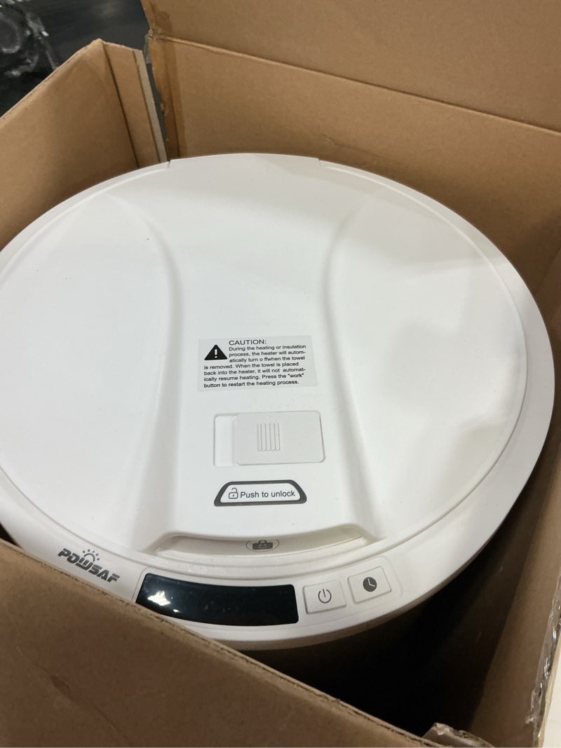 Condition photo showing As Is for powsaf towel warmer, luxury towel warmers for bathroom, large blanket heater bucket, aroma tray for spa, auto timer and protection feature, fits oversized towels, blankets, bathrobes, pjs, and more