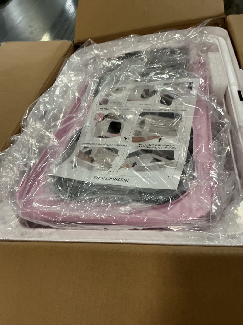 Condition photo showing New/Like New for RIZZARI Enclosed Cat Litter Box: Pink Stainless Steel Odorless Litter Box with Top Exit - Anti Leakage - Large Litter Pan for Small to Large Sized Cats in Living Room Garage 23.8"L*15.9"W*16.1"H Pink