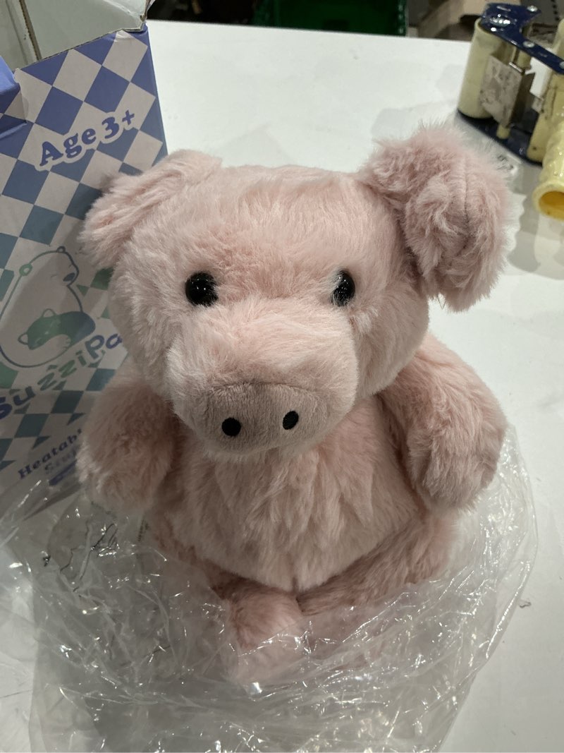 Condition photo showing As Is for heatable & coolable pig stuffed animal, microwavable heating pad for soothing warmth & relaxation, lavender scented plush toys for companion & stress relief, pig gift for adults & kids