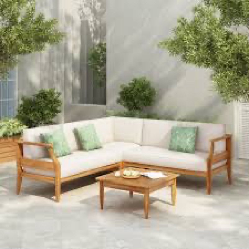 Trishul Outdoor Mid-Century Modern Acacia Wood 5 Seater Sectional Chat Set With Cushions Cushion Color: Beige