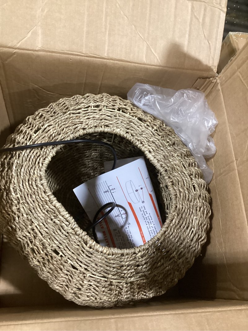 Condition photo showing As Is for Arturesthome 1 Light Handwoven Boho Pendant Light, Rattan Wicker Hanging Ceiling Lighting Weave Chandelier Lamp Shade for Kitchen Island Restaurant Craft Room 15.7" * 11"