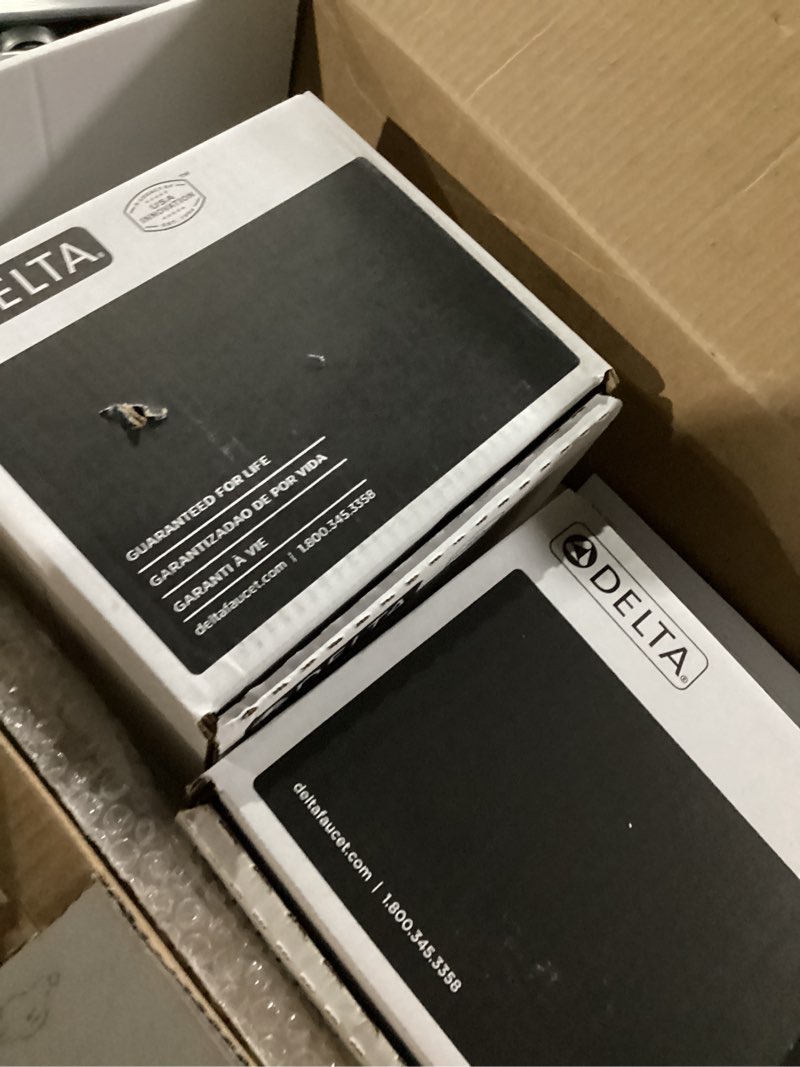Condition photo showing New/Like New for delta modern 14 series square rain shower system faucet set, rainfall chrome shower head and handle set, valve trim kit, 10 inch, chrome 342701