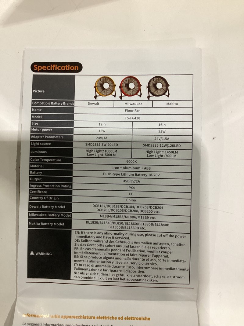 Condition photo showing Good Condition for t-sun 12" battery powered fan with led light compatible with dewalt 20v yellow-floor fan with light 12 inch(compatible with dewalt)