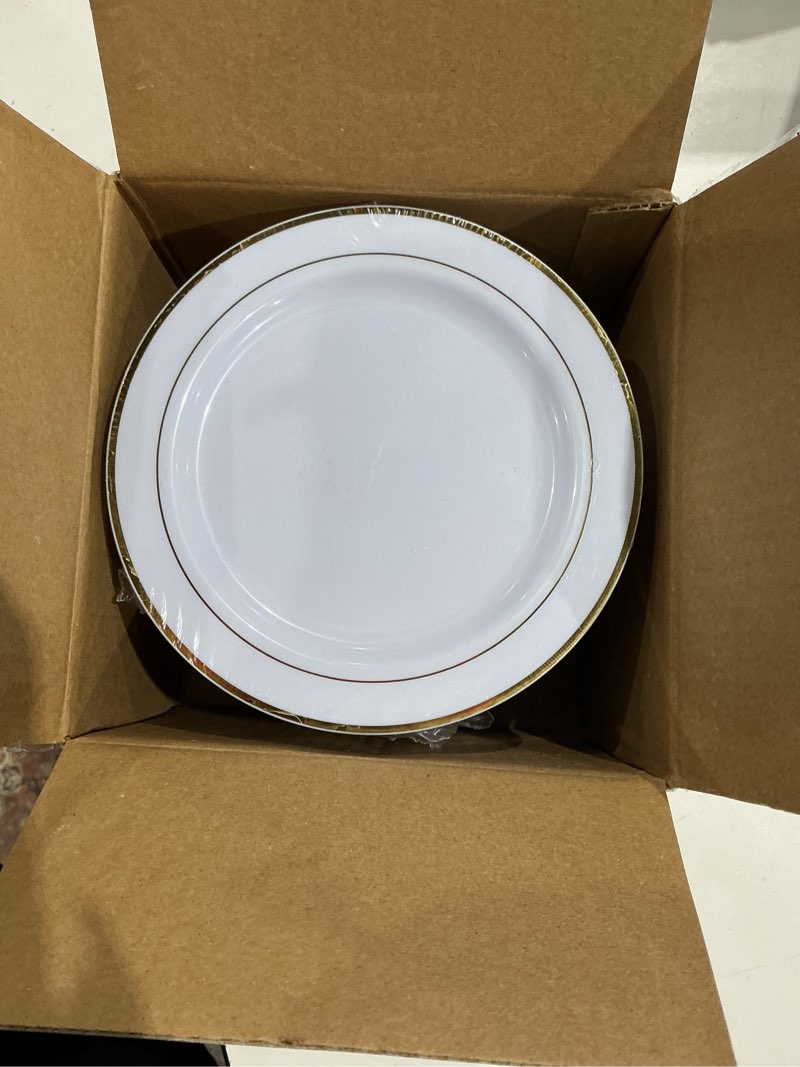 Condition photo showing As Is for bucla 100pieces gold plastic plates - 6.25inch white with gold rim disposable salad/dessert/appetizer/small cake plates premium hard - ideal for wedding, party 6.25inch-100pcs-gold