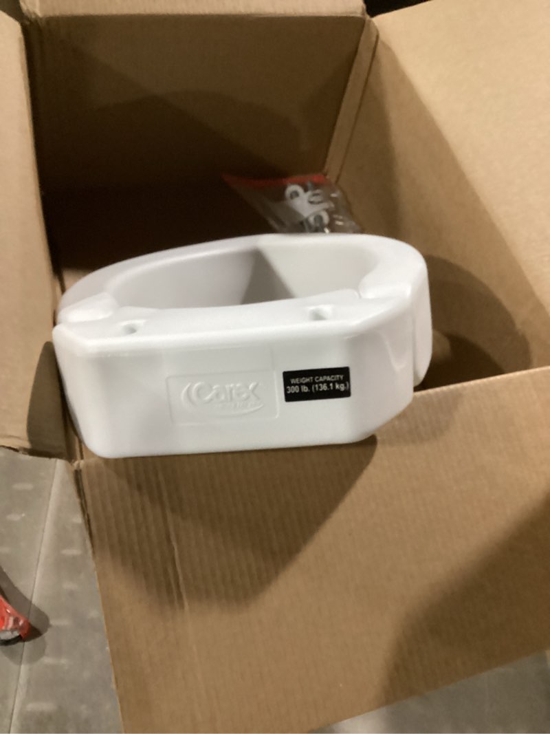 Condition photo showing As Is for carex toilet seat riser, elongated raised toilet seat adds 3.5 inches to toilet height, for assistance bending or sitting, 300 pound weight capacity toilet riser