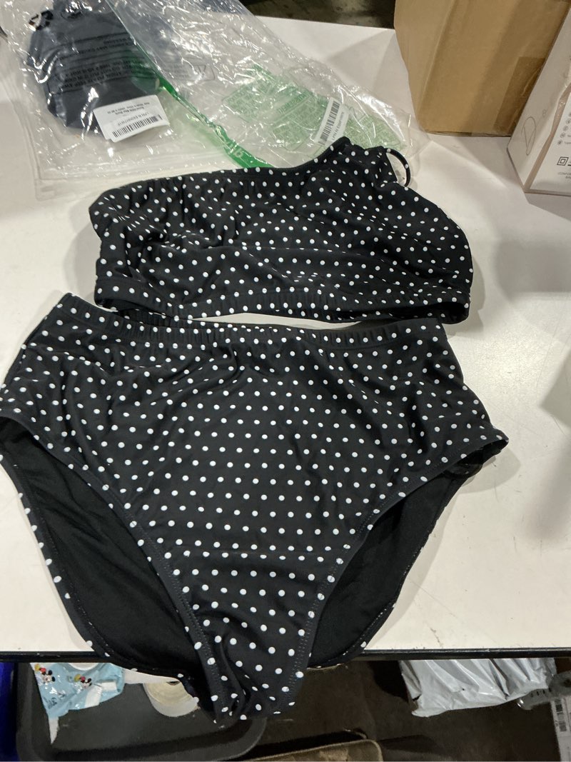 Condition photo showing Good Condition for herseas women's high waisted bikini sets one shoulder floral print swimsuits 2 piece tummy control bathing suits large black with white dots