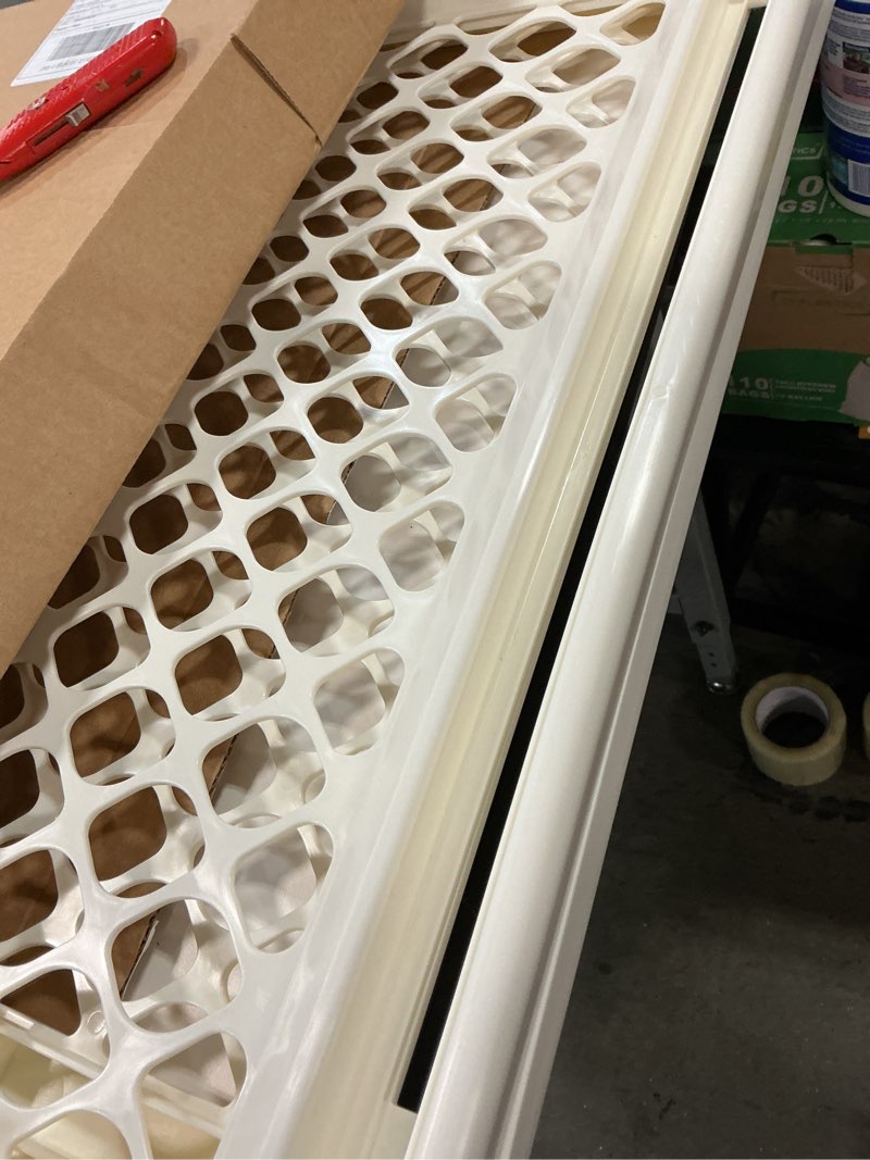 Condition photo showing As Is for Toddleroo by North States 42” Wide Supergate Ergo Baby Gate, Made in USA: for doorways or stairways. Includes Wall Cups. Pressure or Hardware Mount. 26” - 42” Wide (26" Tall, Ivory) (B0065ADP4C)