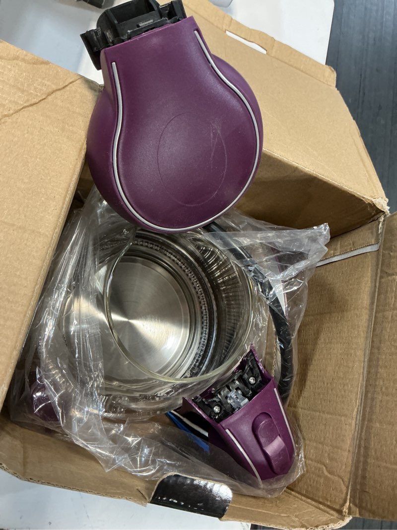 Condition photo showing As Is for ovente electric kettle, 1.5l borosilicate glass countertop water heater and boiler for coffee or tea, bpa-free, auto shut-off, boil-dry protection, removable and washable spout filter, purple kg83p purple 1.6 quarts