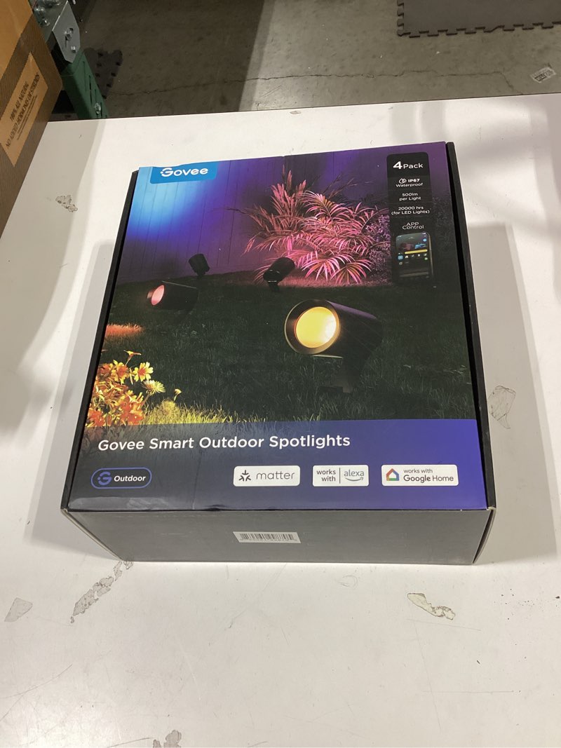 Condition photo showing As Is for govee smart outdoor spotlight, ip67 waterproof spotlights, landscape lights work with matter, alexa, and google assistant, rgbwic color changing light for outdoor decor, corded electric, 4 pack