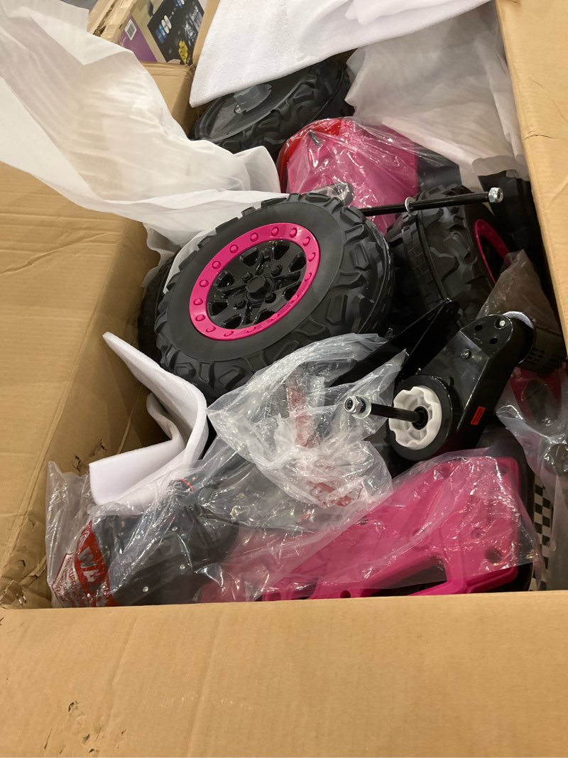 Condition photo showing As Is for ELEMARA 24V 2 Seater Ride on ATV for Big Kids,4WD Off-Road 4 Wheeler Ride on Toy,400W Motor with 5mph Max Speed,w/Bluetooth,LED Lights,Boys & Girls Ride on,Electric Car to Drive, Pink Pink 24V