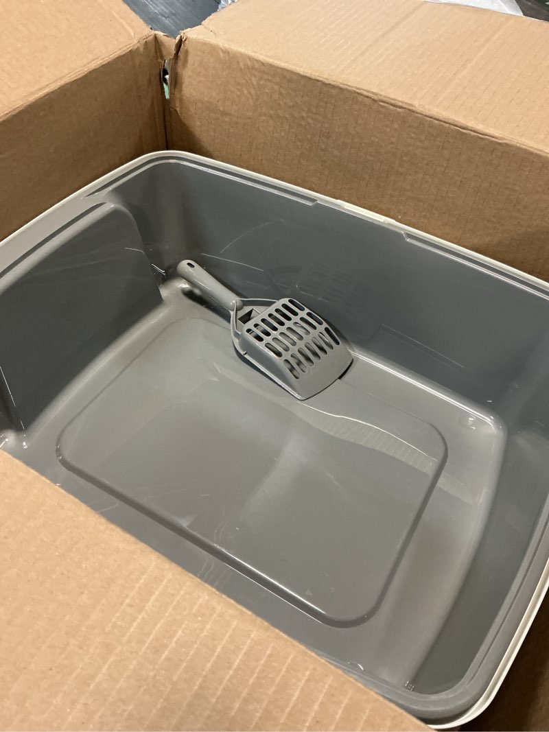 Condition photo showing As Is for amazon basics large cat litter box with high sides, open top for easy access, includes scoop with storage, 19" x 15" x 11.75", grey/beige grey/beige open top