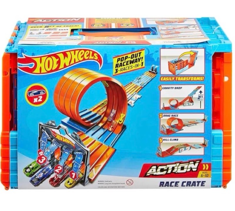 Hot Wheels Toy Car Track Set, Race Crate Transforms into 3 Different Builds, Includes Storage & 2 Cars in 1:64 Scale (Amazon Exclusive)