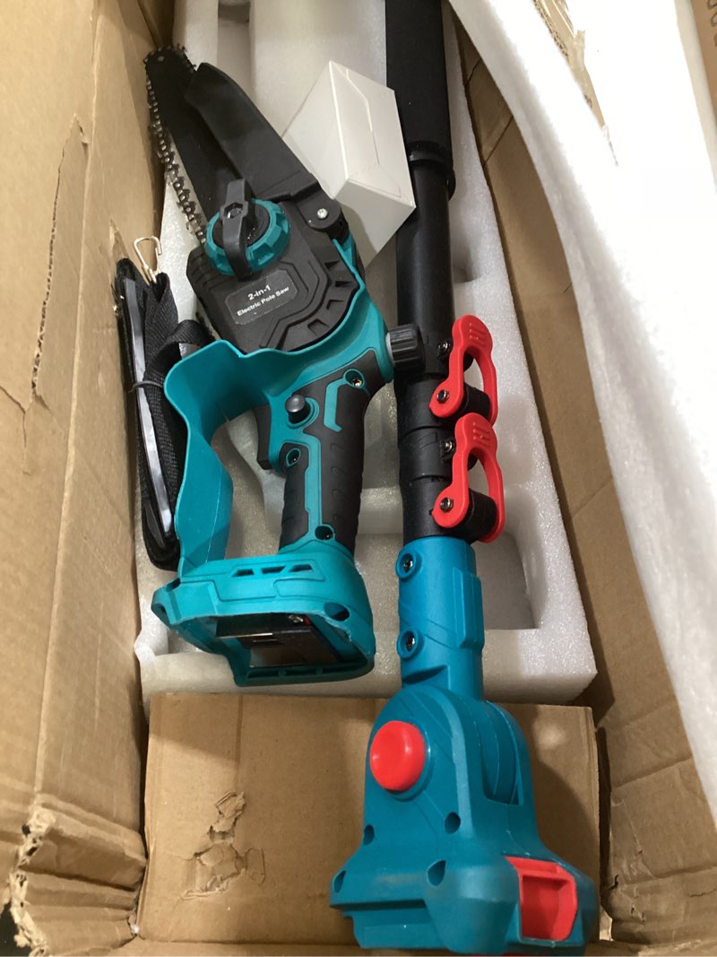 Condition photo showing As Is for 2-in-1 electric pole saw & 8 inch cordless mini chainsaw for tree trimming, brushless motor with 16ft extension pole & 2×4.0ah batteries, tree trimmer limb branch cutter pruner blue