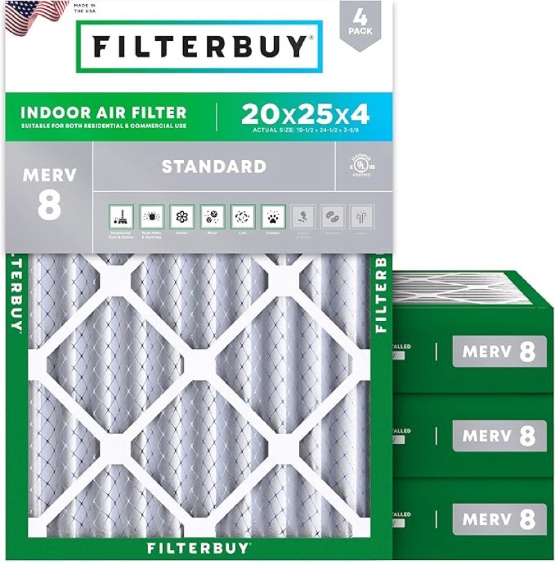 Filterbuy 20x25x4 Air Filter MERV 8 Essential Dust & Allergy Defense (4-Pack), Electrostatic Pleated HVAC AC Furnace Filters Replacement, (Actual Size: 19.50 x 24.50 x 3.63)