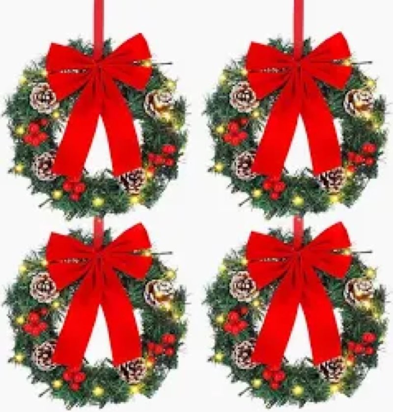 4 Pcs Lighted Christmas Wreaths, 12 Inch Pre Lit Small Xmas Wreath with Large Bow, Pine Needle Wreat