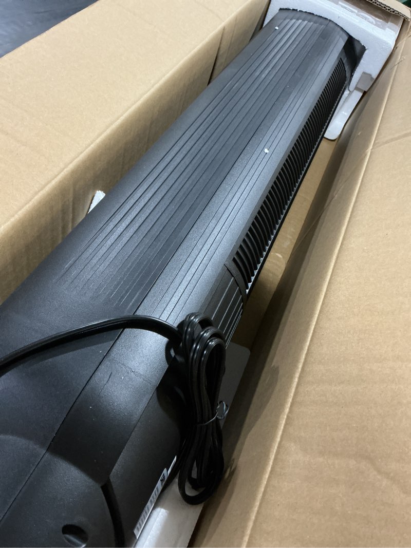 Condition photo showing As Is for dreo tower fan for bedroom, 2026 upgraded dc motor, 28ft/s high velocity, 20db ultra quiet standing fan, 8 speeds 4 modes, 90° oscillating bladeless fan for indoors, floor fans with remote, black