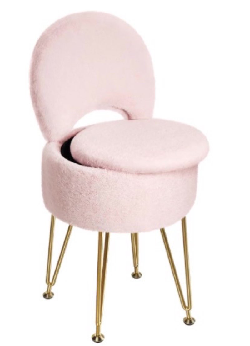 GREENSTELL Small Vanity Stool Chair with Storage and Folding Back, 13" x 13" x 17.7" Faux Fur Soft Ottoman for Teenager, 4 Metal Legs with Anti-Slip Feet, Furry Padded Seat for Makeup, Bedroom, Pink