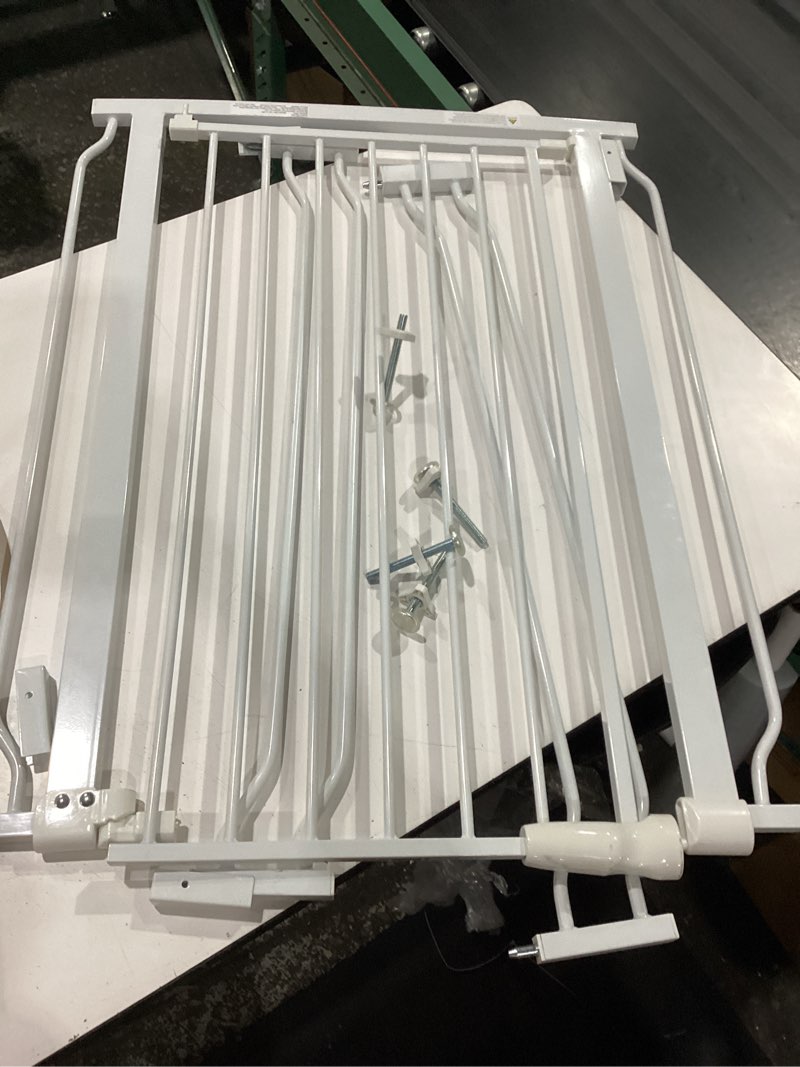 Condition photo showing Good Condition for elevon baby gate for stairs doorways, safety pet gate with auto-close/hold-open features, fits openings 29.1” to 43.3”, 30” tall, easy pressure mounted walk through baby dog gate, white