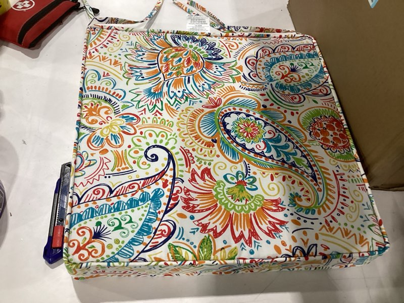 Condition photo showing Good Condition for 8 cushions!!! outdoor 18 inch square patio dining chair pads – comfortable fiber-filled seat cushions with ties, reversible polyester fabric - jamboree paisley, set of 4 jamboree paisley set of 4