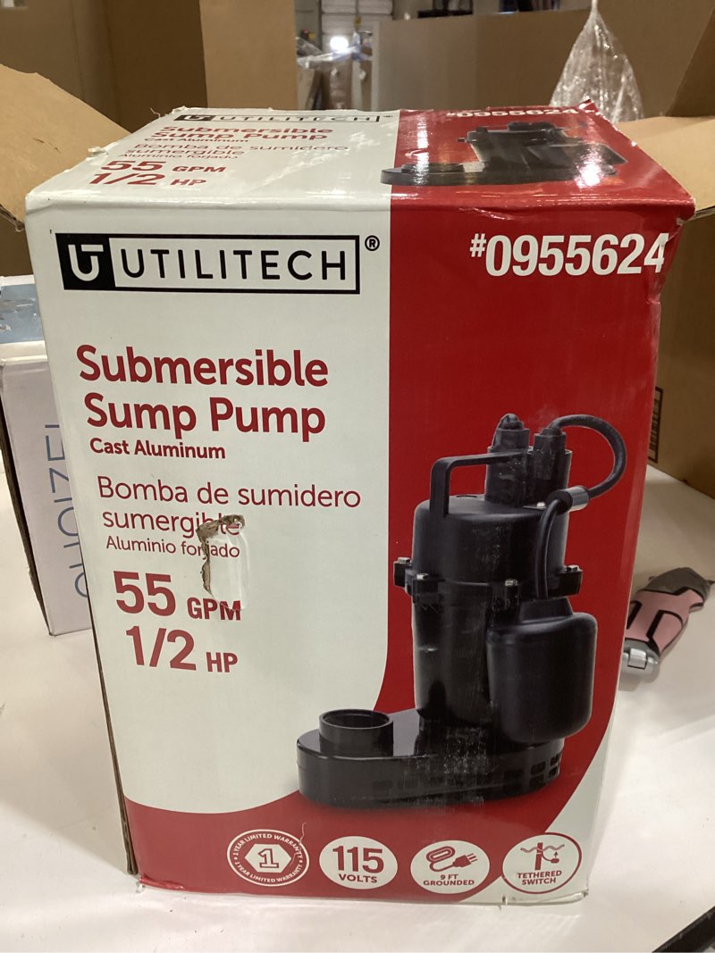 Condition photo showing As Is for utilitech 1/2-hp 115 -volt 55-gallon aluminum submersible sump pump