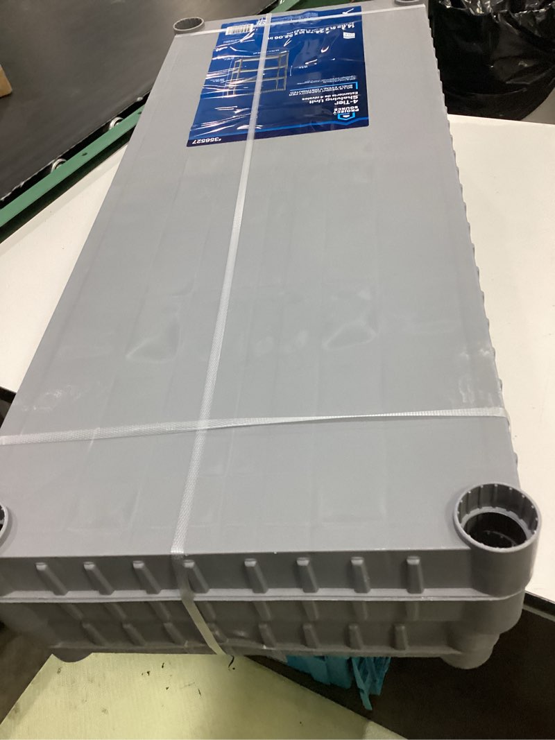 Condition photo showing As Is for project source plastic 4-tier utility shelving unit (34.75-in w x 15.06-in d x 52.625-in h), gray, (50-lb capacity per shelf)