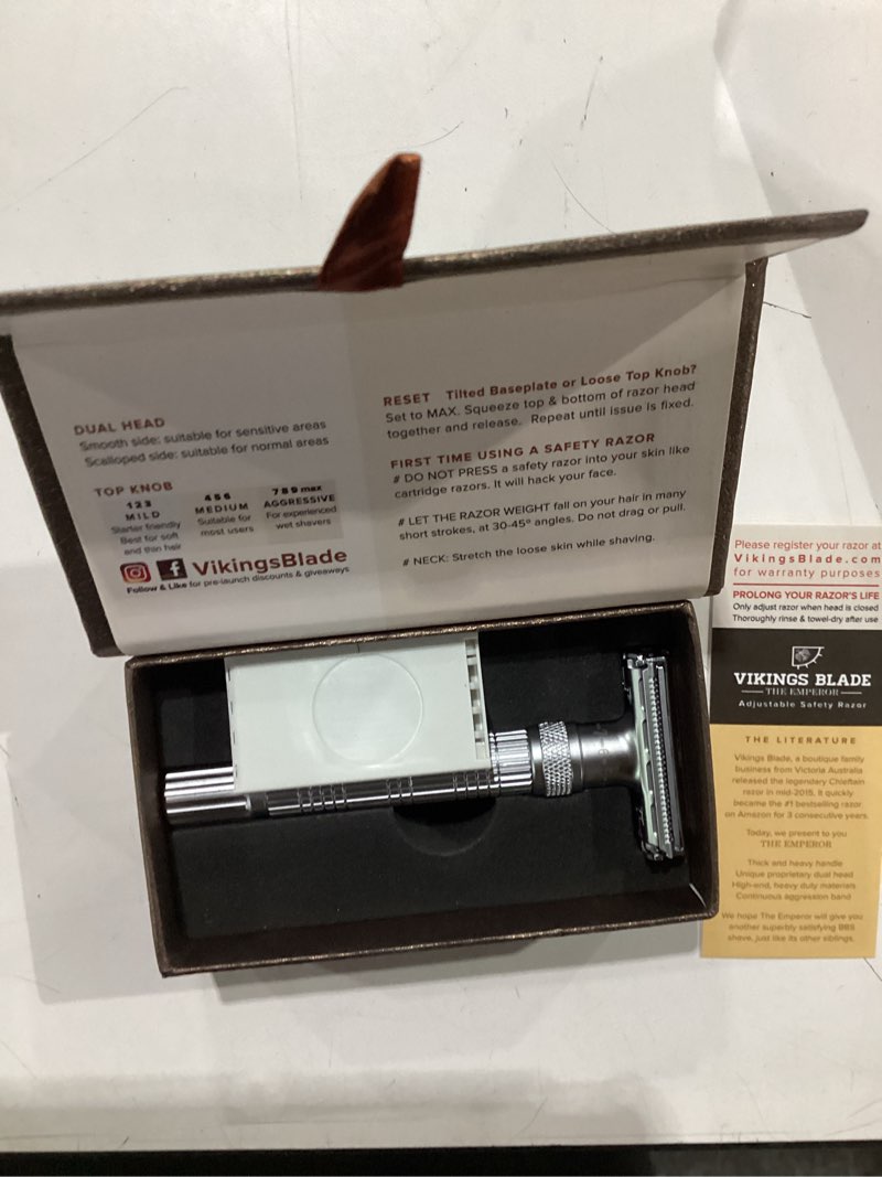 Condition photo showing Good Condition for vikings blade adjustable double edge safety razor + luxury case. smooth, reusable, eco-friendly (the emperor “frosted chrome”) fat, chrome (emperor)