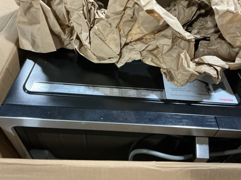 Condition photo showing As Is for TOSHIBA EM131A5C-SS Countertop Microwave Ovens 1.2 Cu Ft with 12.4" Removable Turntable Smart Humidity Sensor, 12 Auto Menus Mute Function ECO Mode Easy Clean Interior, 1000W, Silver 1.20 Cu.ft