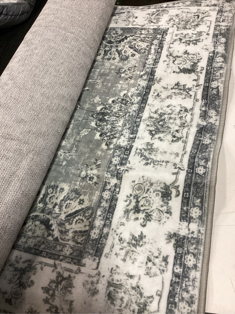 Condition photo showing Good Condition for jinchan Fiora Hallway Runner Rug 3x10 Washable Runner - Vintage Floral Non Slip Low-Pile Soft Thin Faux Wool Kitchen Rug Distressed Carpet for Farmhouse Bedroom Laundry Room(3x10ft, Grey) 3' x 10' (Buttery Soft) Distressed Grey
