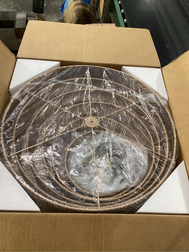 Condition photo showing New/Like New for 31.49" large rattan chandelier vintage farmhouse 12-lights boho hand-woven bamboo chandeliers light fixture rustic wicker rattan golden chandelier for dining room, kitchen, living room, e12 gold 31.49"