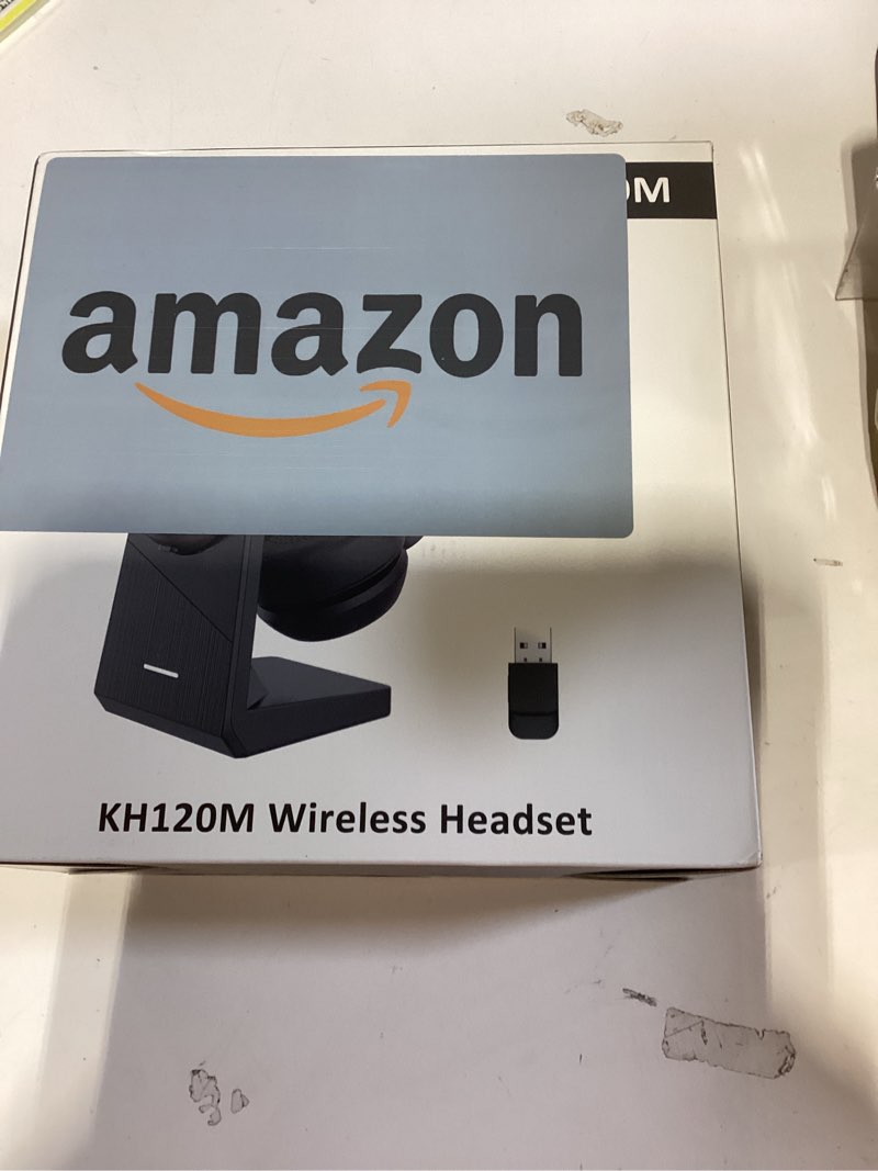 Condition photo showing New/Like New for wireless headset, bluetooth headset with ai noise cancelling mic, bluetooth v5.2 headphones with usb dongle, charging base & mic mute for pc/cell phones/call center dark black