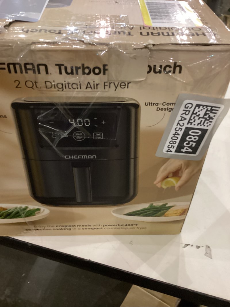 Condition photo showing As Is for CHEFMAN 2 Qt Mini Air Fryer – Digital Space-Saving Compact Air Fryer with Nonstick and Dishwasher Safe Basket, Quick & Easy Meals in Minutes, Features Digital Timer and Shake Reminder – Black