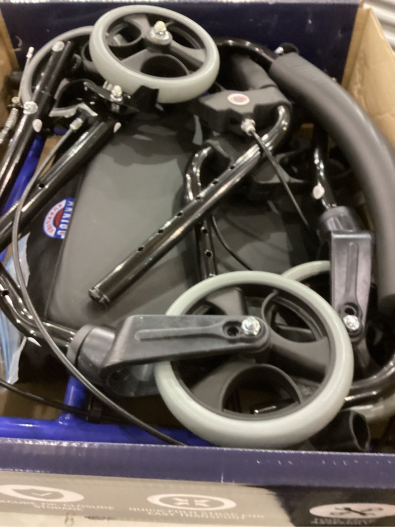 Condition photo showing As Is for Arrigo Premium Rollator Walker with Large Cushioned Seat, Cup & Phone Holder and More – Folding, 4-Wheel Steel Rolling Walker with Brakes & Zippered Storage – Adjustable Height 350 lbs Capacity Blue