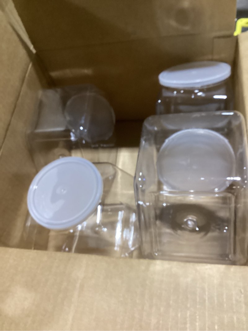 Condition photo showing As Is for 4 Pcs Plastic Candy Jars,71 Oz Clear Plastic Cookie Jars,Hexagonal Candy Containers with Lids for Kitchen,Dry Food,Candy,Dog Food,Cookies,Coffee Pod,Laundry Pod 4 Pack